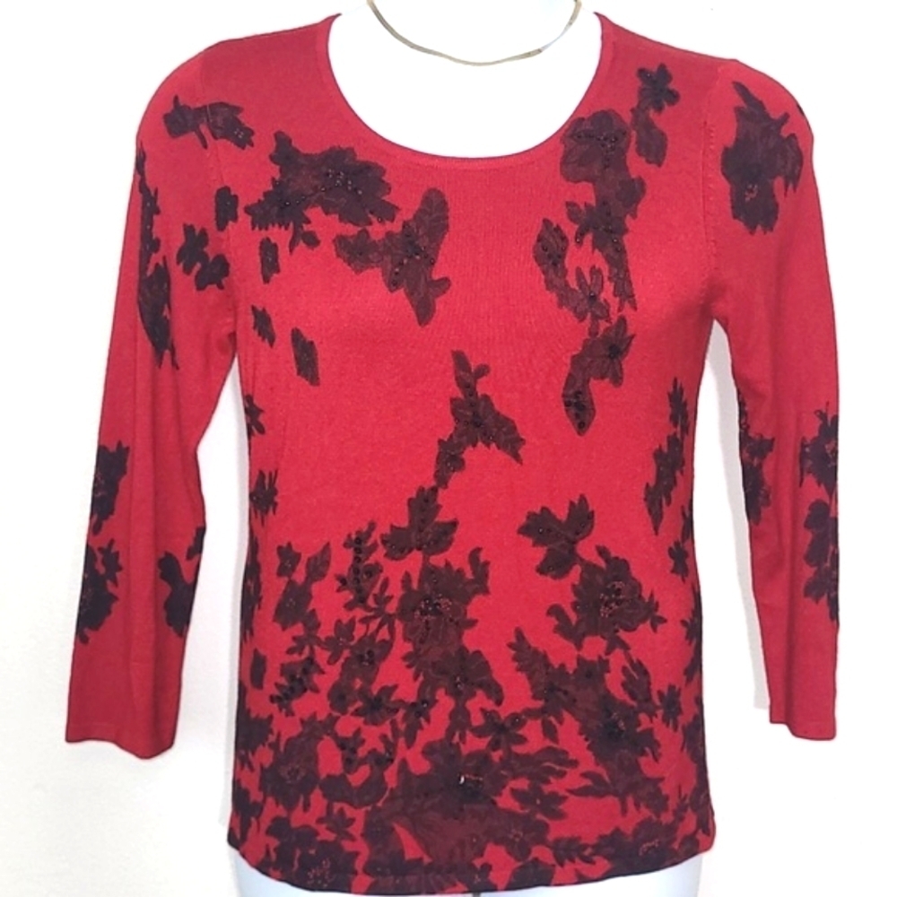 Choices Red Black Lace Print Beaded Sweater Rayon Blend Scoop Neck Top Size M
